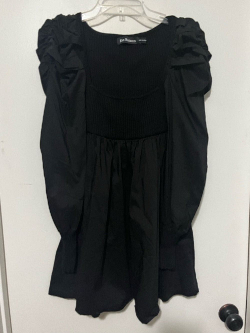 Black Mini Dress Puffed Long Sleeve Short En Saison XS Combination Ruched